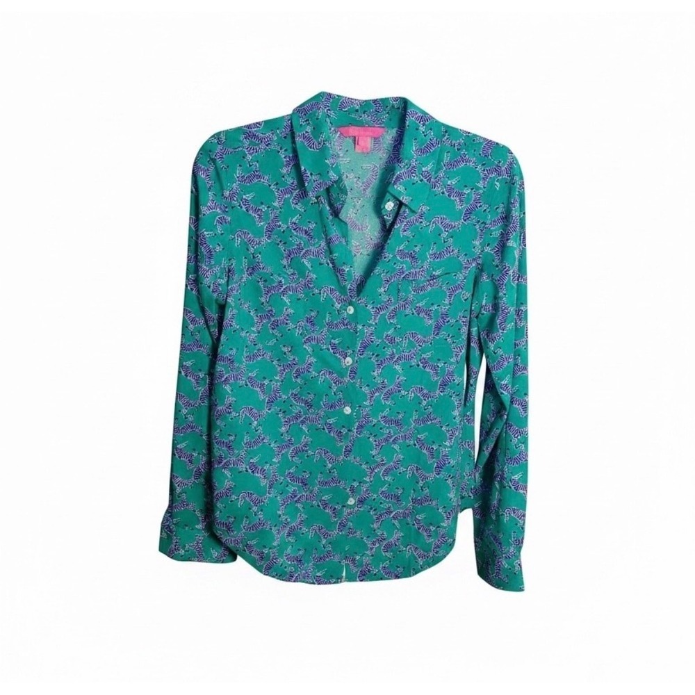 Lilly Pulitzer Blouse Size S Green Zebra Print Button Down Elsa Top Long Sleeve